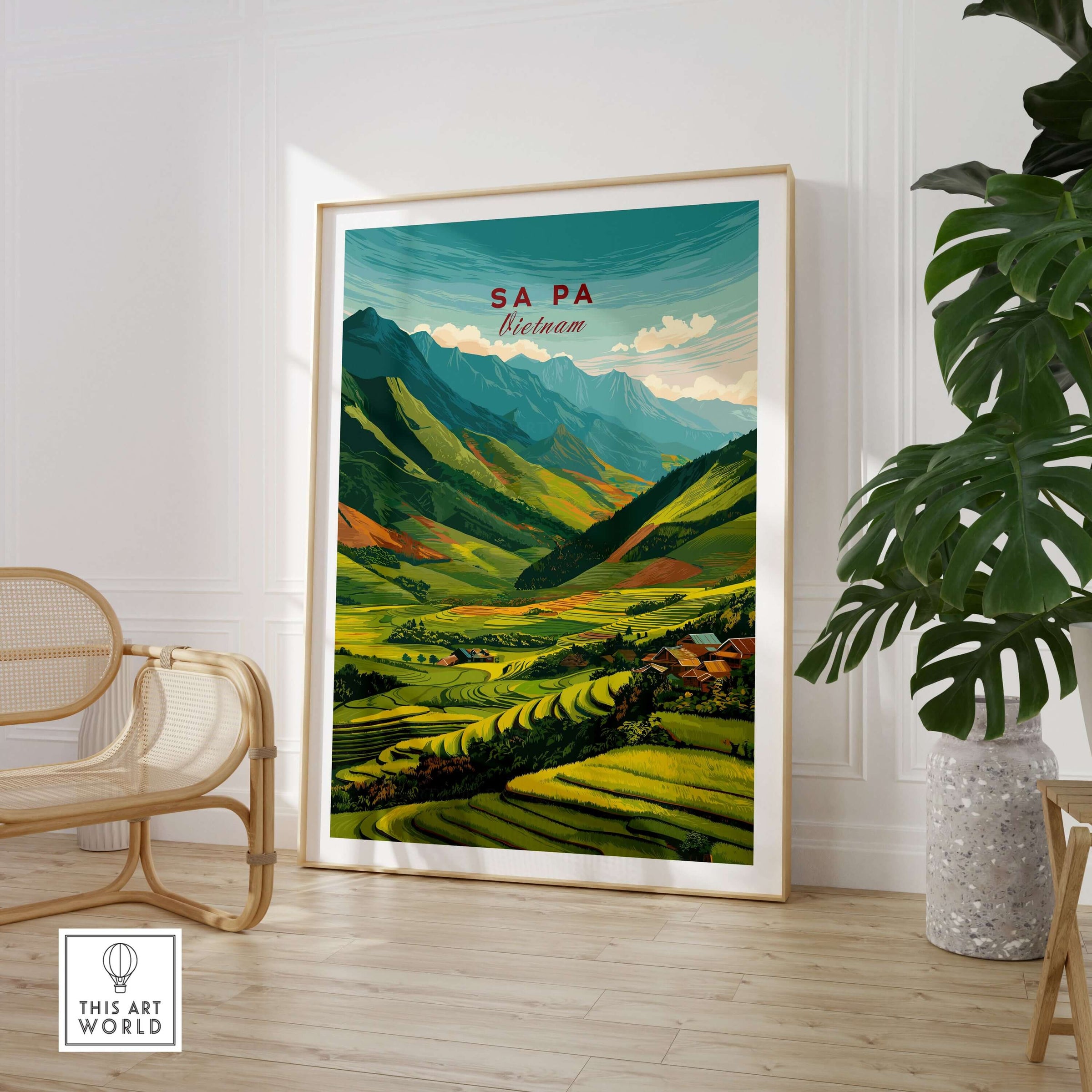 Sa Pa Vietnam Poster - Rice Terraces Landscape Print - Vibrant Green Mountains Wall Art displayed in a cozy interior.