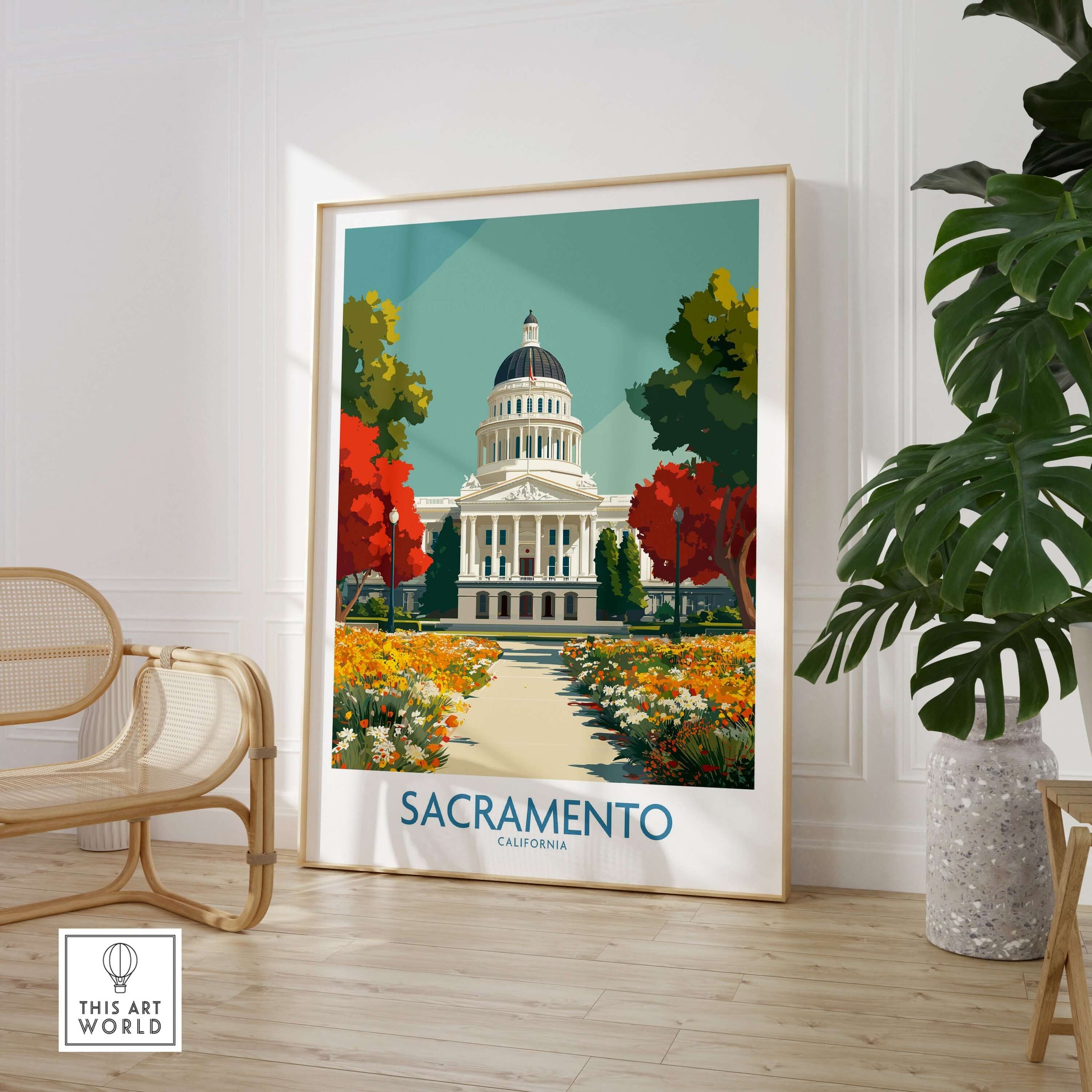 Sacramento California Capitol Poster - Historic Cityscape Print showcased in a modern interior with vibrant flowers.