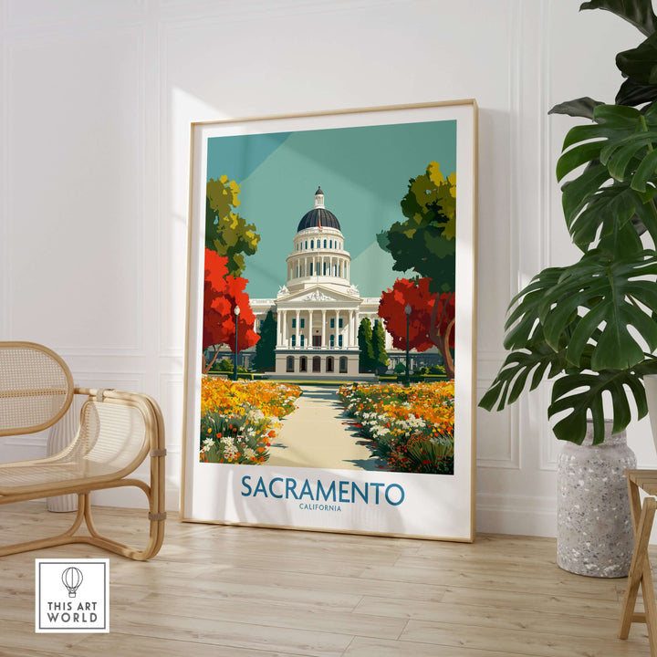Sacramento California Capitol poster showcasing historic cityscape with vibrant flowers and greenery.