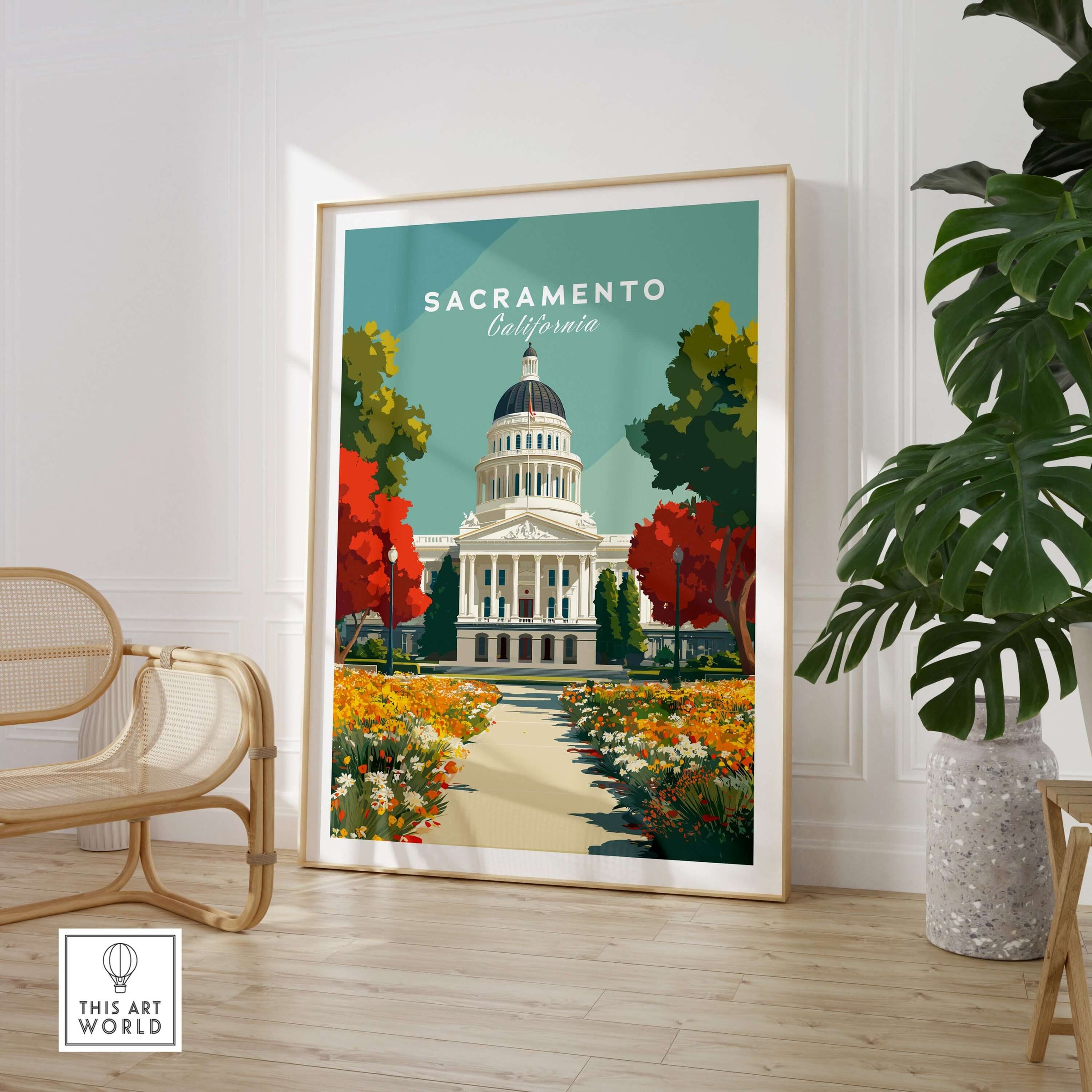 Sacramento California State Capitol Building Print - California Landmark Wall Art displayed in a stylish living room.
