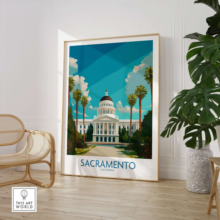 Sacramento poster featuring the California State Capitol surrounded by palm trees, perfect for wall art decor.