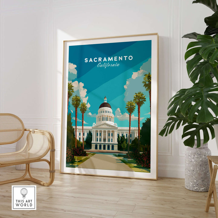 Sacramento Capitol Building poster showcasing California's architectural beauty and vibrant colors in a modern home setting.
