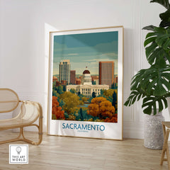 Sacramento California Poster - California Capital Print showcasing Sacramento's skyline with iconic landmarks and vibrant colors.