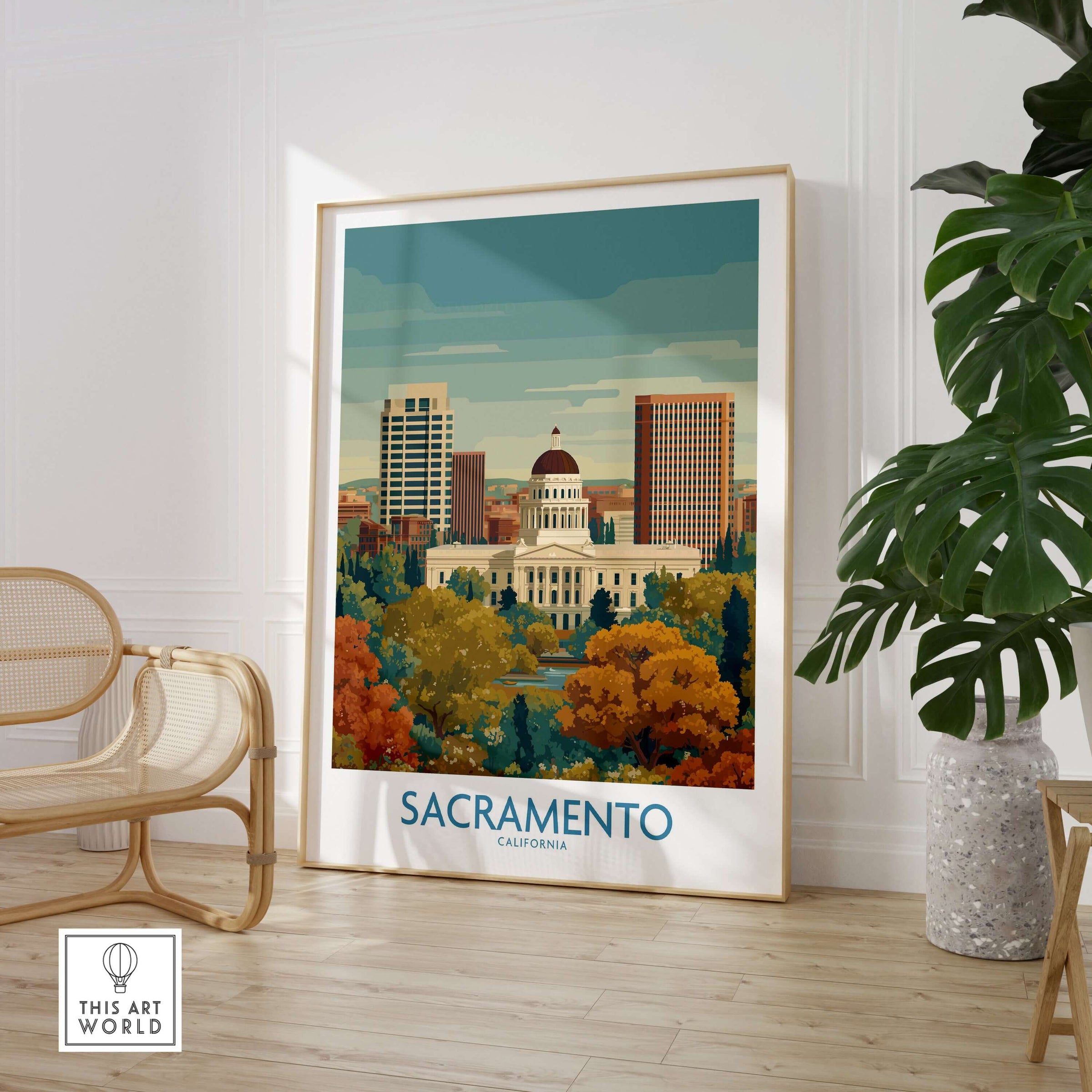 Sacramento California Poster - California Capital Print showcasing Sacramento's skyline with iconic landmarks and vibrant colors.
