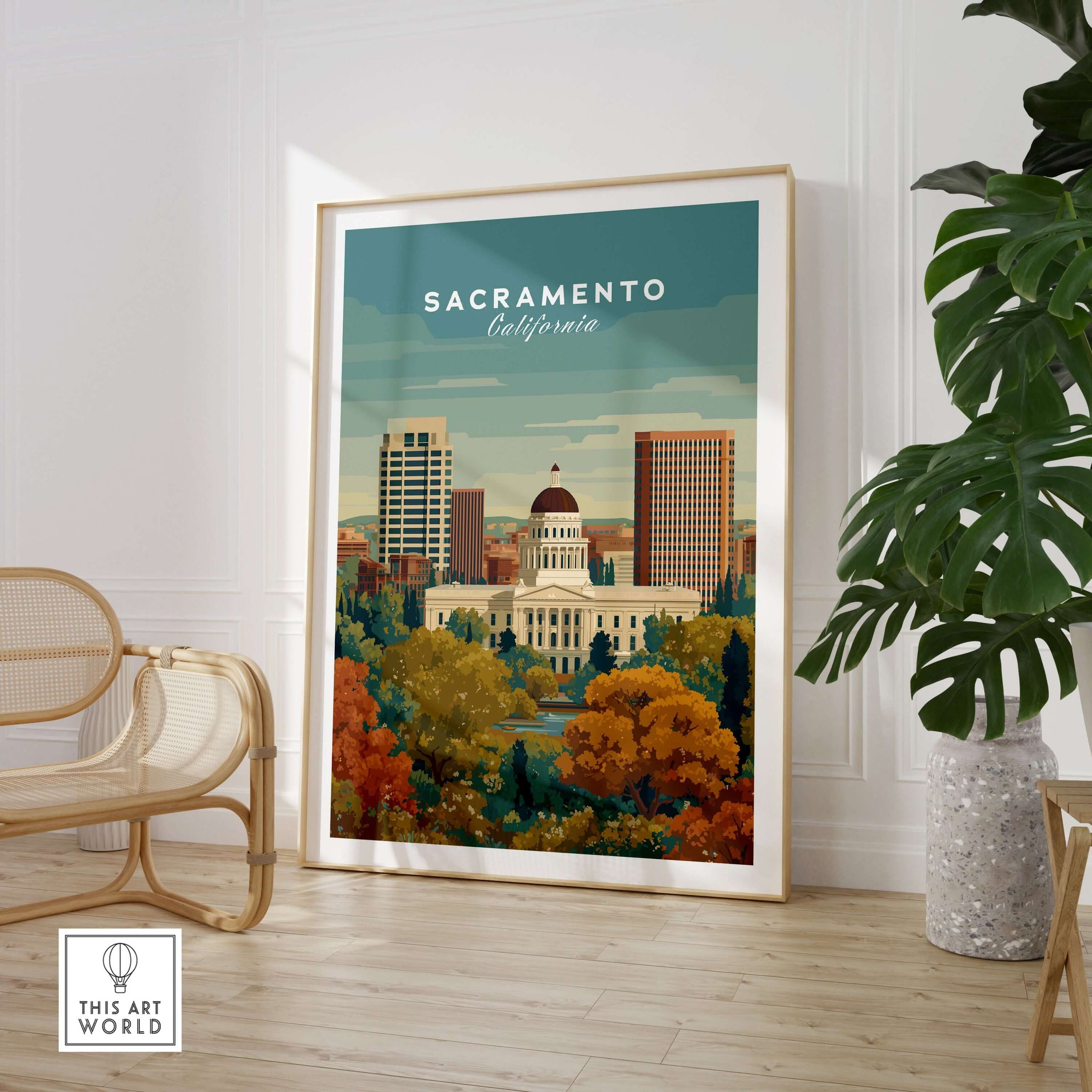 Sacramento California Skyline & Capitol Print - Urban Landscape Wall Art displayed in a modern room with decorative plants.