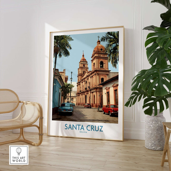 Santa Cruz Bolivia Art Print | Historic City Poster showcasing iconic architecture and vibrant culture in a beautifully designed interior.