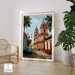 Santa Cruz South America Print | Bolivian Urban Wall Decor showcasing vibrant architecture in a modern home setting.