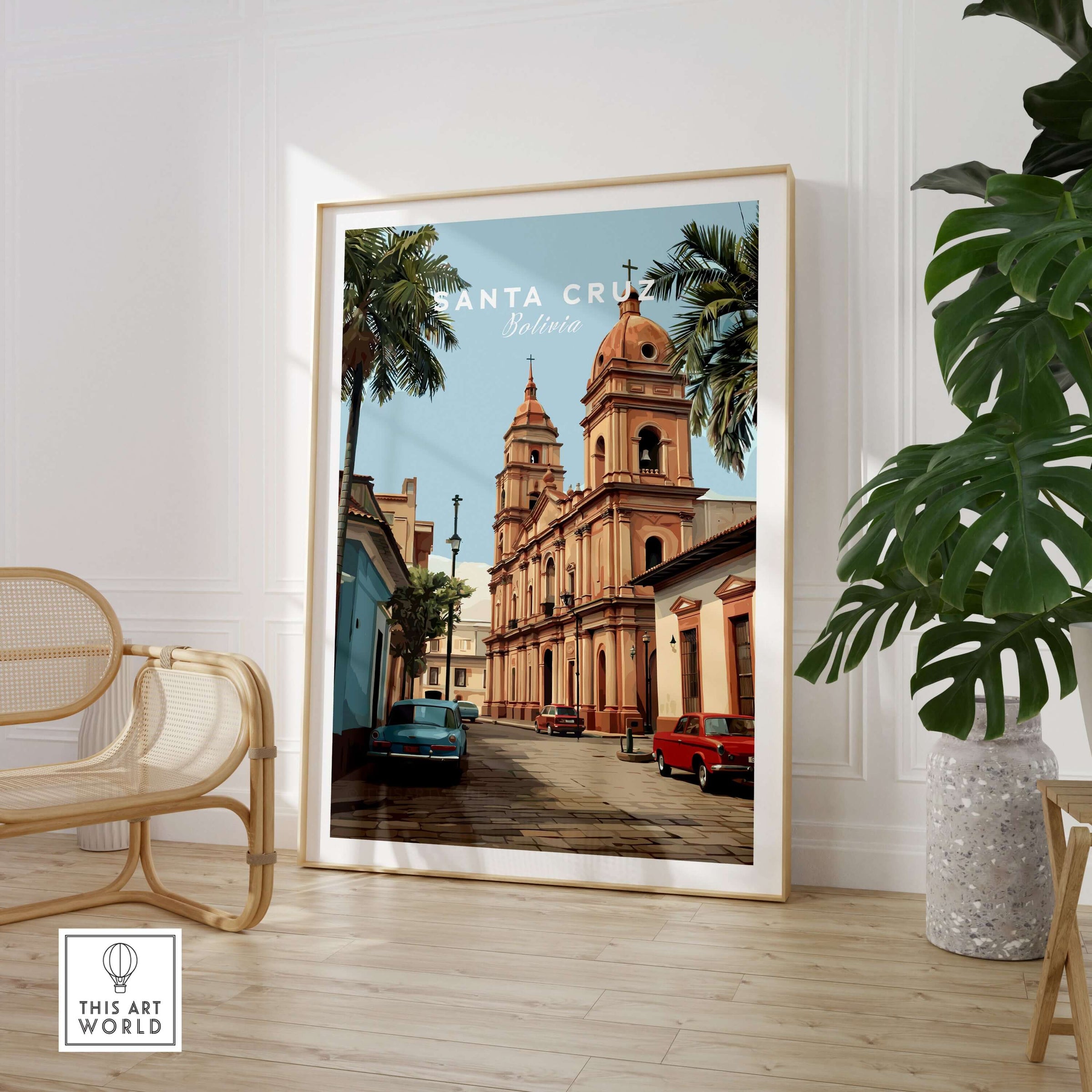 Santa Cruz South America Print | Bolivian Urban Wall Decor showcasing vibrant architecture in a modern home setting.
