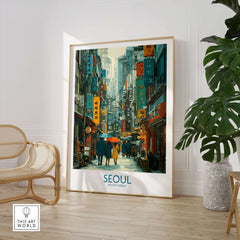 Seoul Poster South Korea - Vibrant City Life Art Print displayed in a modern room with a lively street scene.