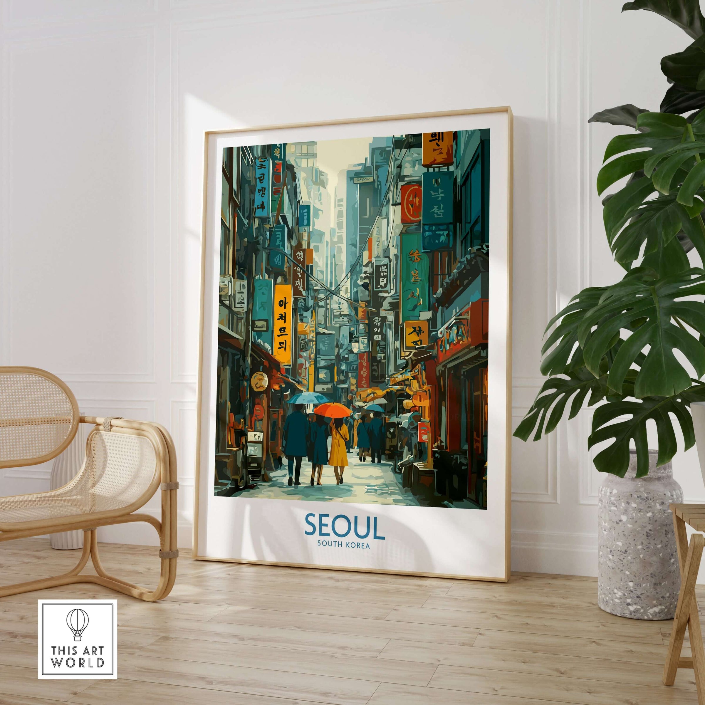 Seoul Poster South Korea - Vibrant City Life Art Print displayed in a modern room with a lively street scene.