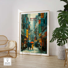 Seoul Print South Korea Busy Street - Urban Cityscape Wall Art showcasing vibrant street atmosphere.