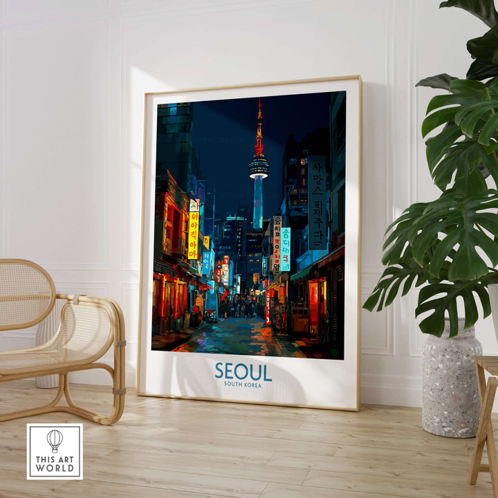 Vibrant Seoul South Korea cityscape print in modern living room decor, showcasing iconic architecture and nightlife.