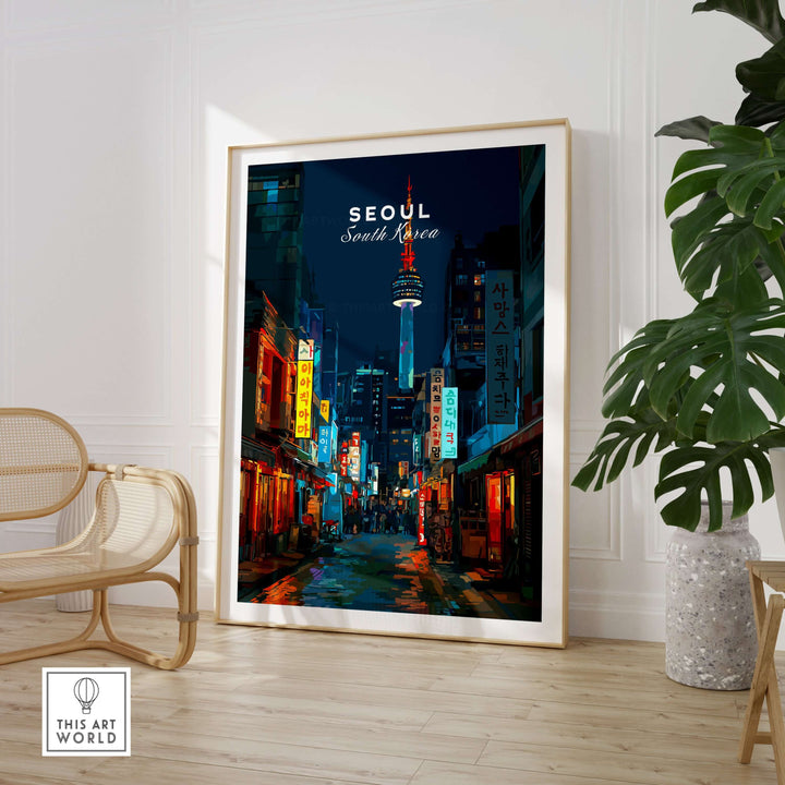 Seoul South Korea poster featuring N Seoul Tower in vibrant urban night scene, perfect for modern home decor.