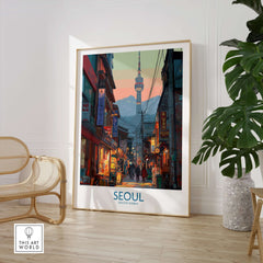 Seoul South Korea Korean City Nightlife Poster - Seoul Travel Print displayed in a modern room with plants.