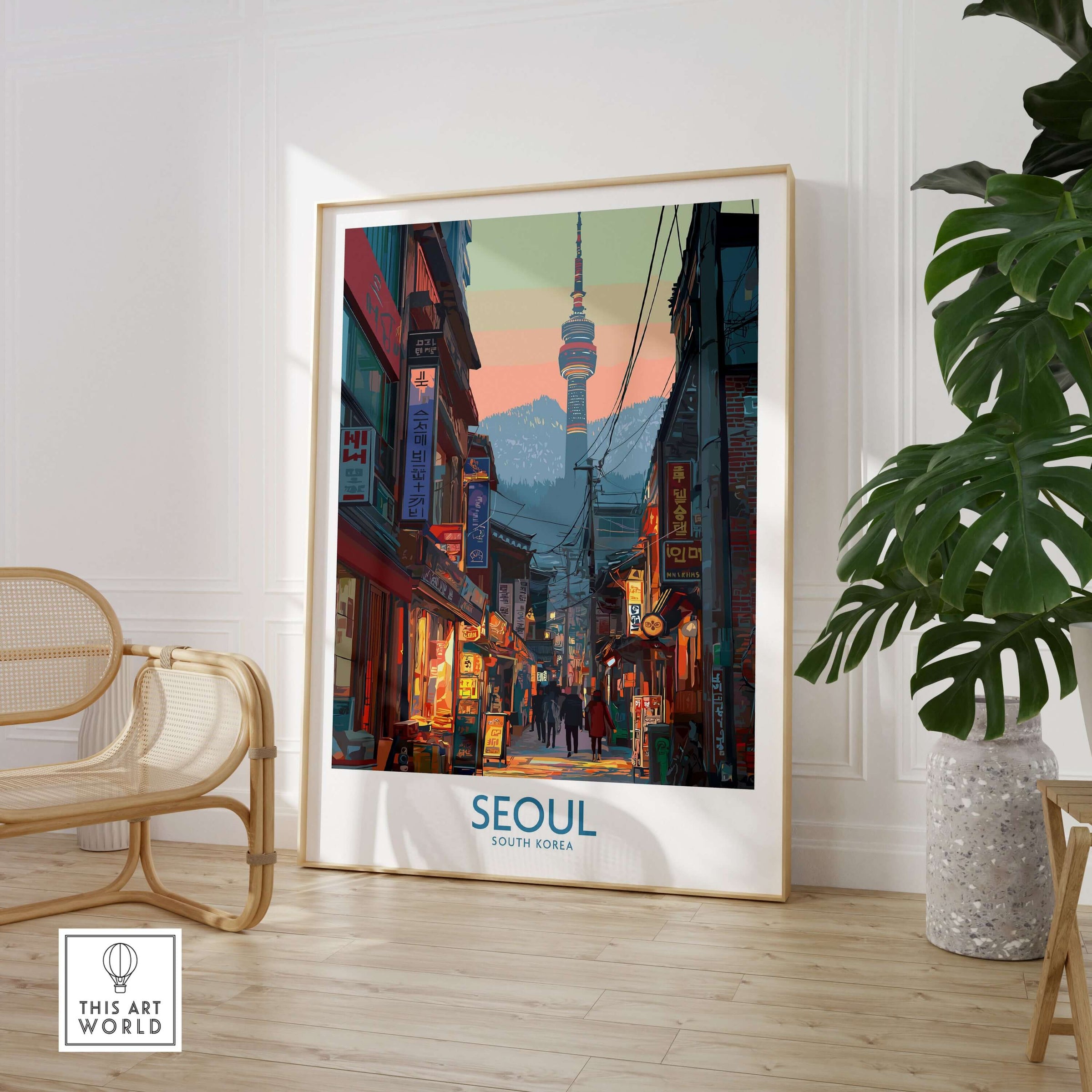 Seoul South Korea Korean City Nightlife Poster - Seoul Travel Print displayed in a modern room with plants.