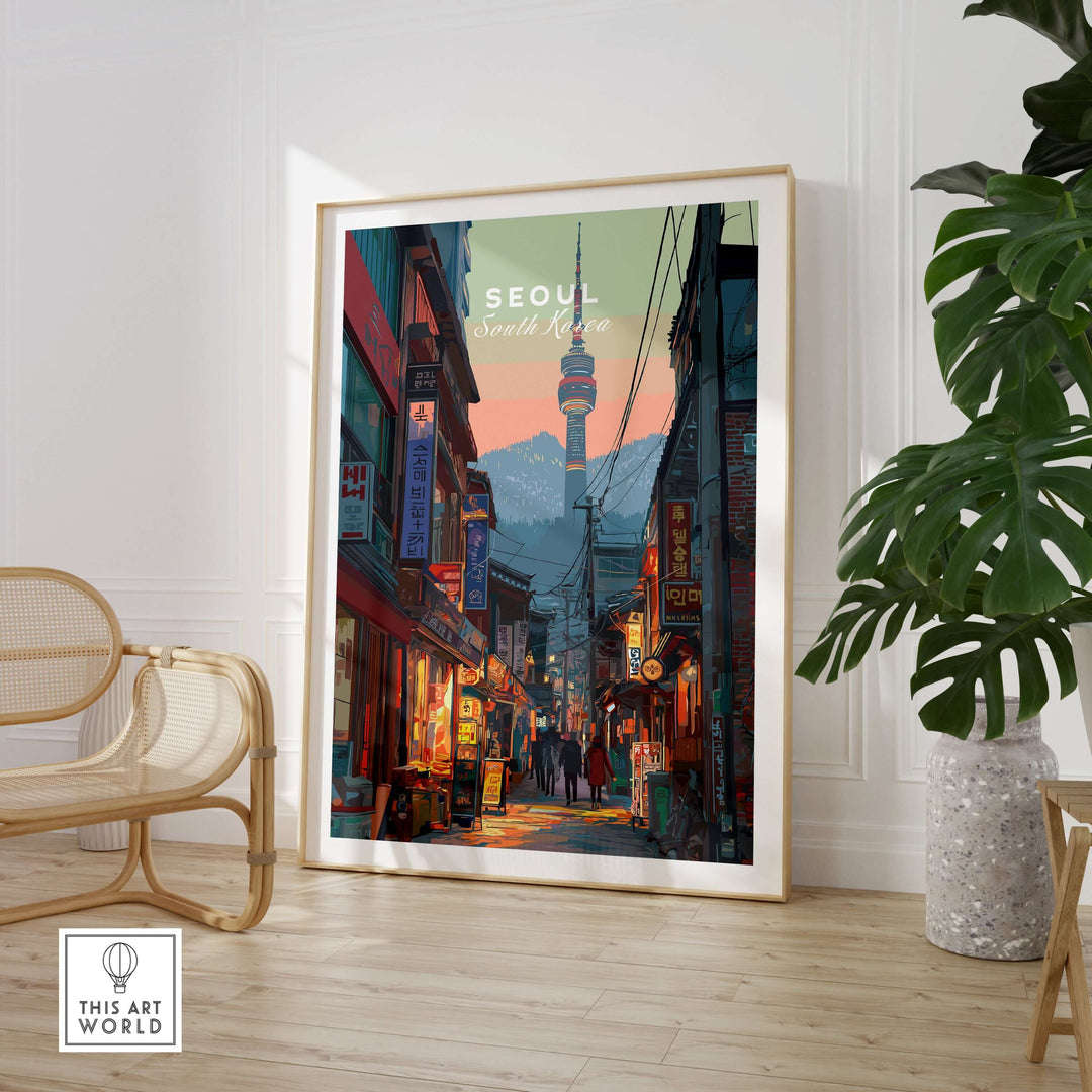 N Seoul Tower print showcasing traditional streets of Seoul, South Korea, framed wall art for home decor.