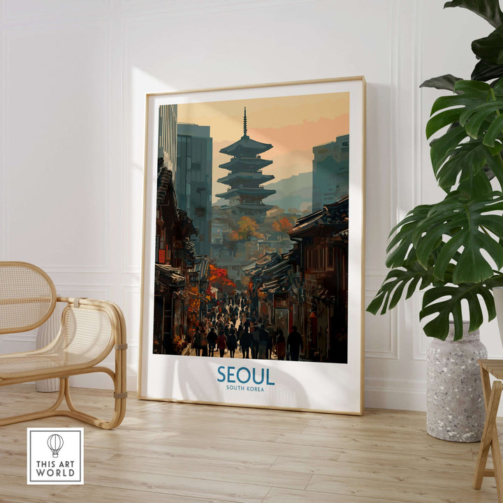 Seoul skyline wall art showcasing old town architecture and city view in a stylish living room setting.