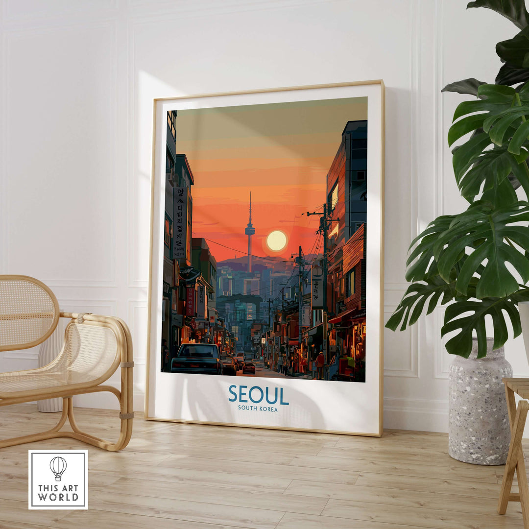 Seoul South Korea wall art print featuring city skyline at sunset, showcasing modern culture and urban adventure.