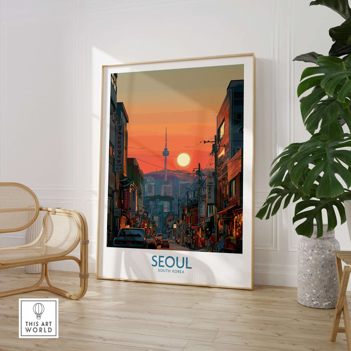 Seoul South Korea wall art print featuring city skyline at sunset, showcasing modern culture and urban adventure.