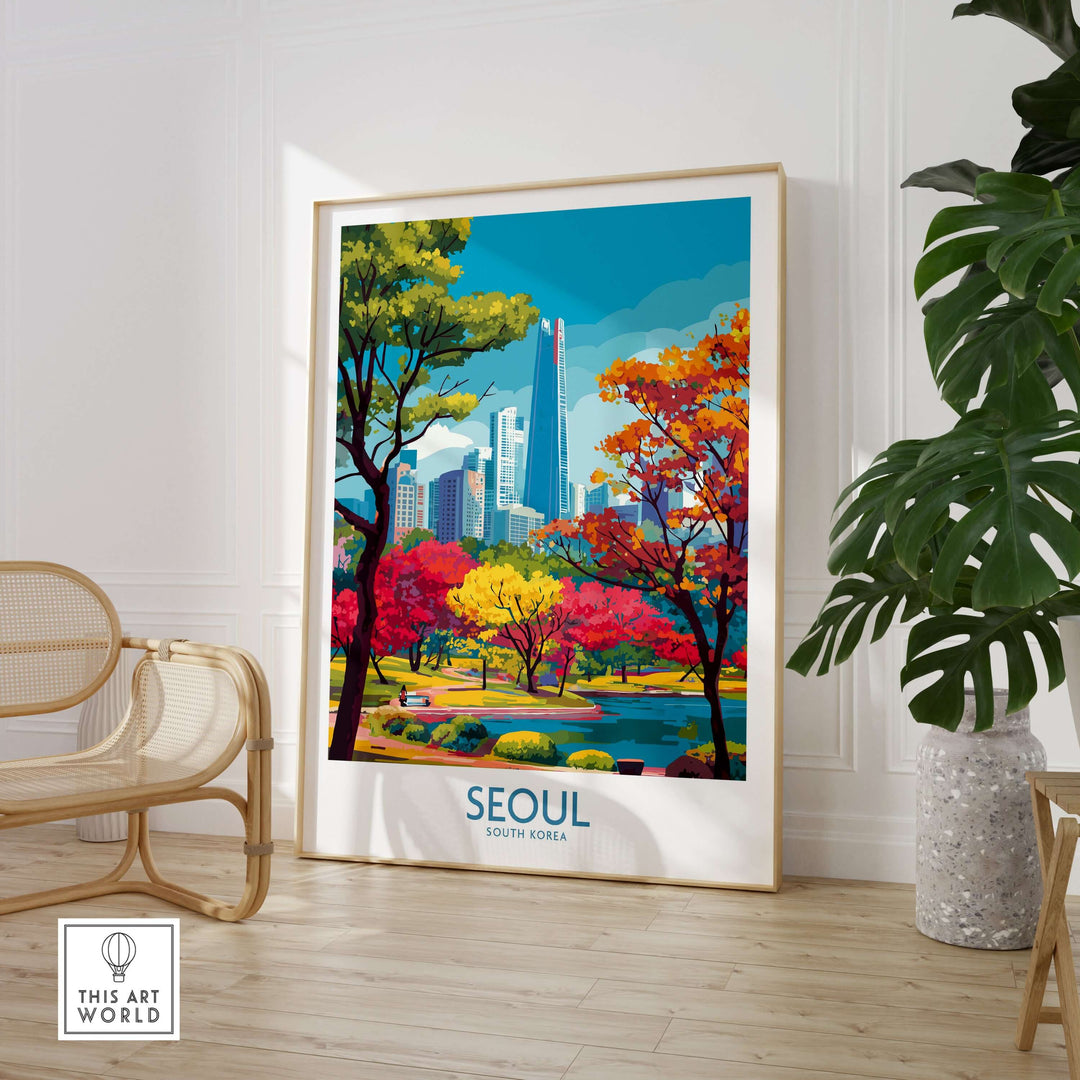 Seoul South Korea city park skyline poster featuring vibrant autumn colors and modern architecture.