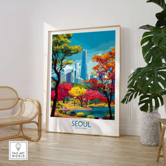 Seoul South Korea City Park Skyline Poster displayed in a modern interior with colorful foliage and urban landscape.