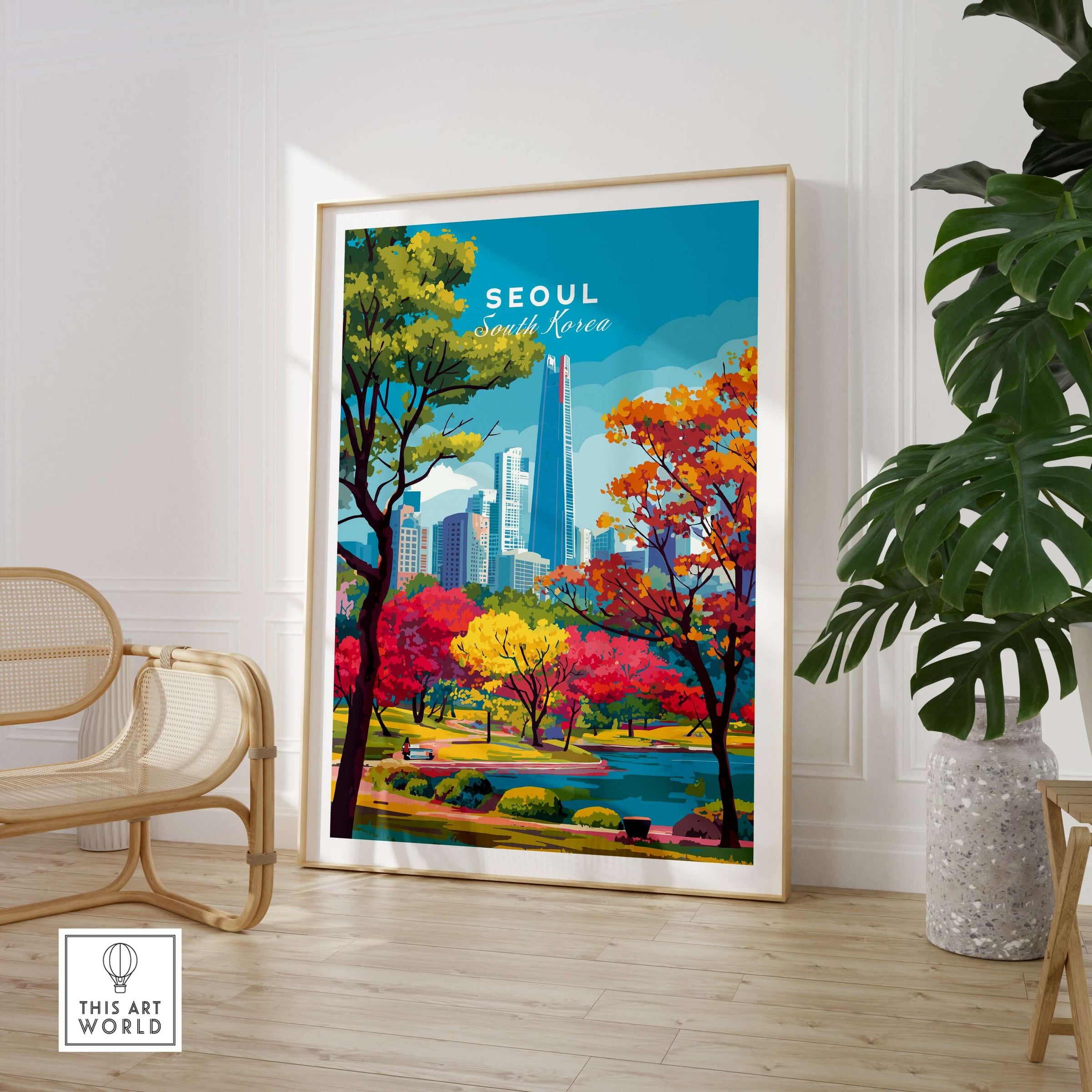 Seoul South Korea Lotte World Tower Park Print showcasing a vibrant skyline with colorful trees and modern architecture.