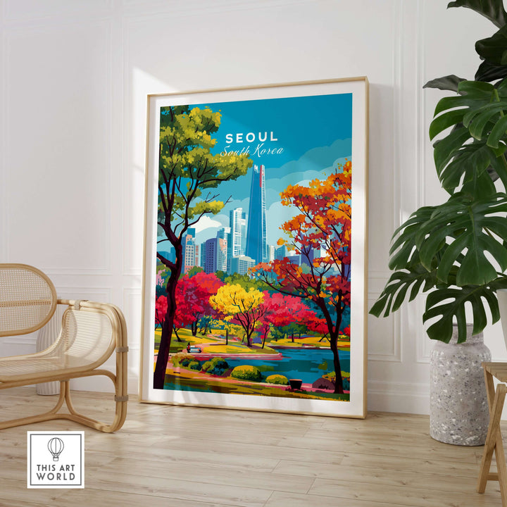 Seoul South Korea Lotte World Tower Park Print showcasing vibrant autumn colors and modern skyline.