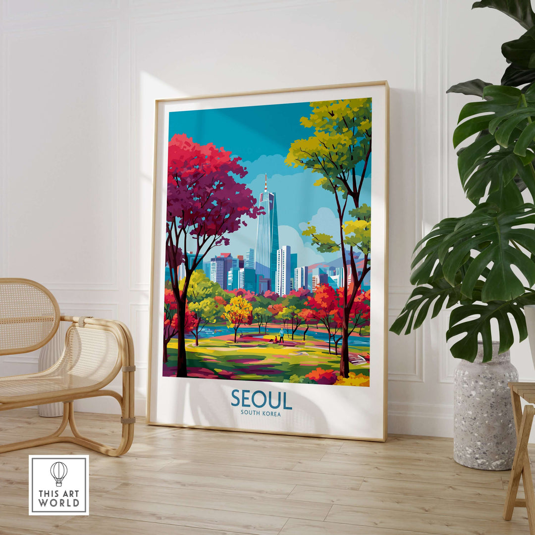 Vibrant Seoul wall art featuring city skyline and colorful autumn trees, perfect for cultural decor.