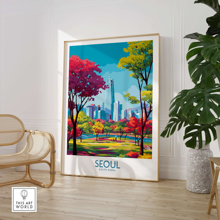Vibrant Seoul wall art featuring city skyline and colorful autumn trees, perfect for cultural decor.