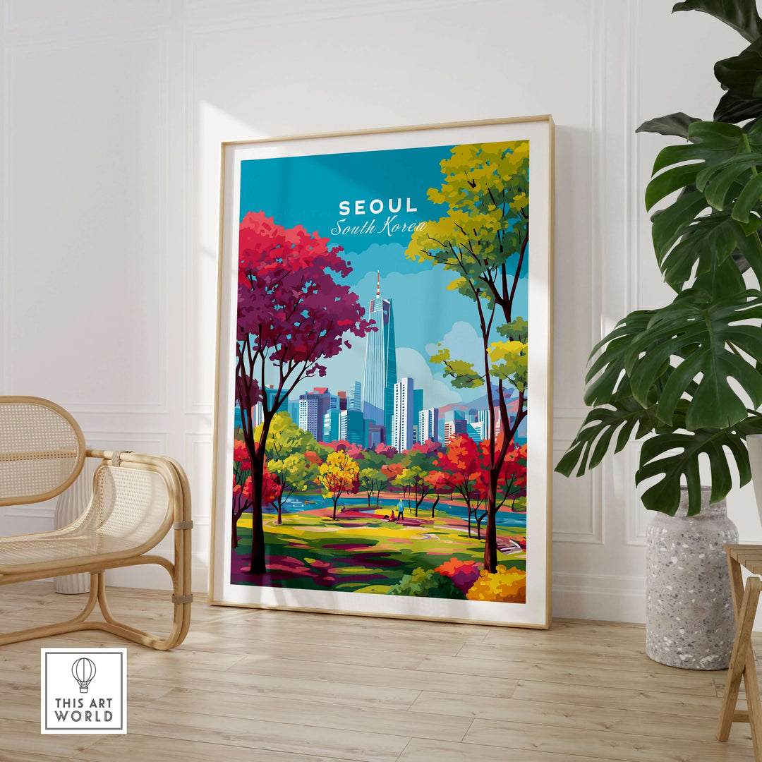 Seoul South Korea poster featuring vibrant cityscape and colorful trees, perfect for modern home decor.