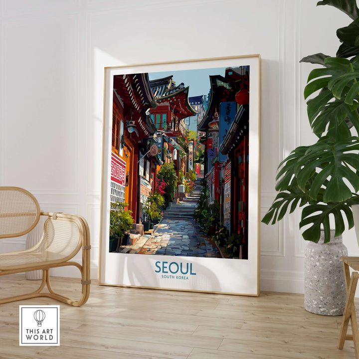 Seoul South Korea Bukchon Hanok Village poster showcasing traditional architecture and an urban street scene.