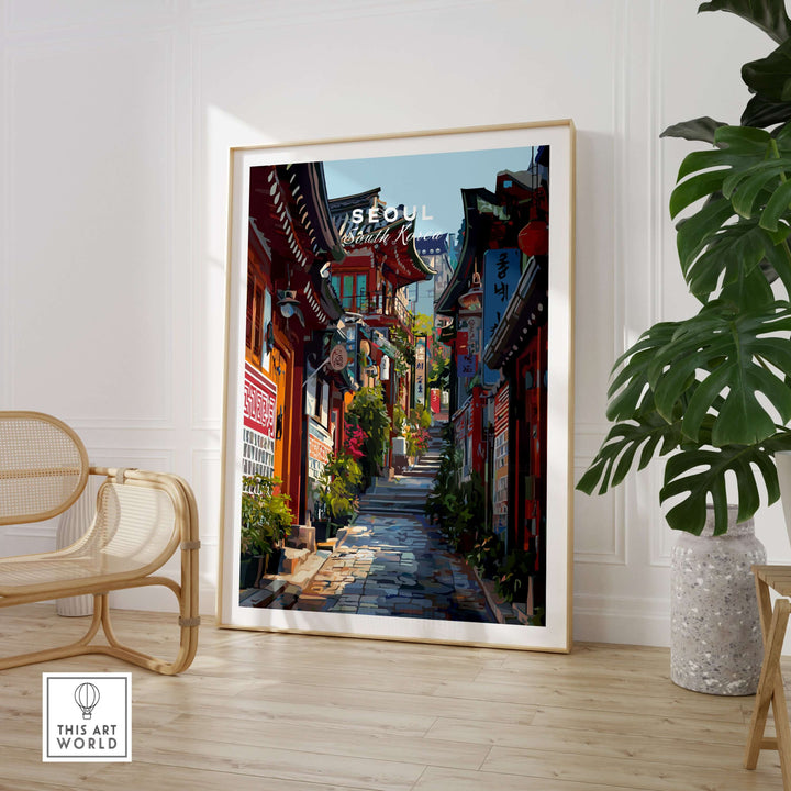 Seoul South Korea Print showcasing historic street scenes and traditional architecture in vibrant colors.