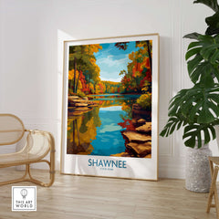 Shawnee State Park Colorful Trees Landscape Poster - Ohio Nature Travel Decor showcasing vibrant foliage and serene water.
