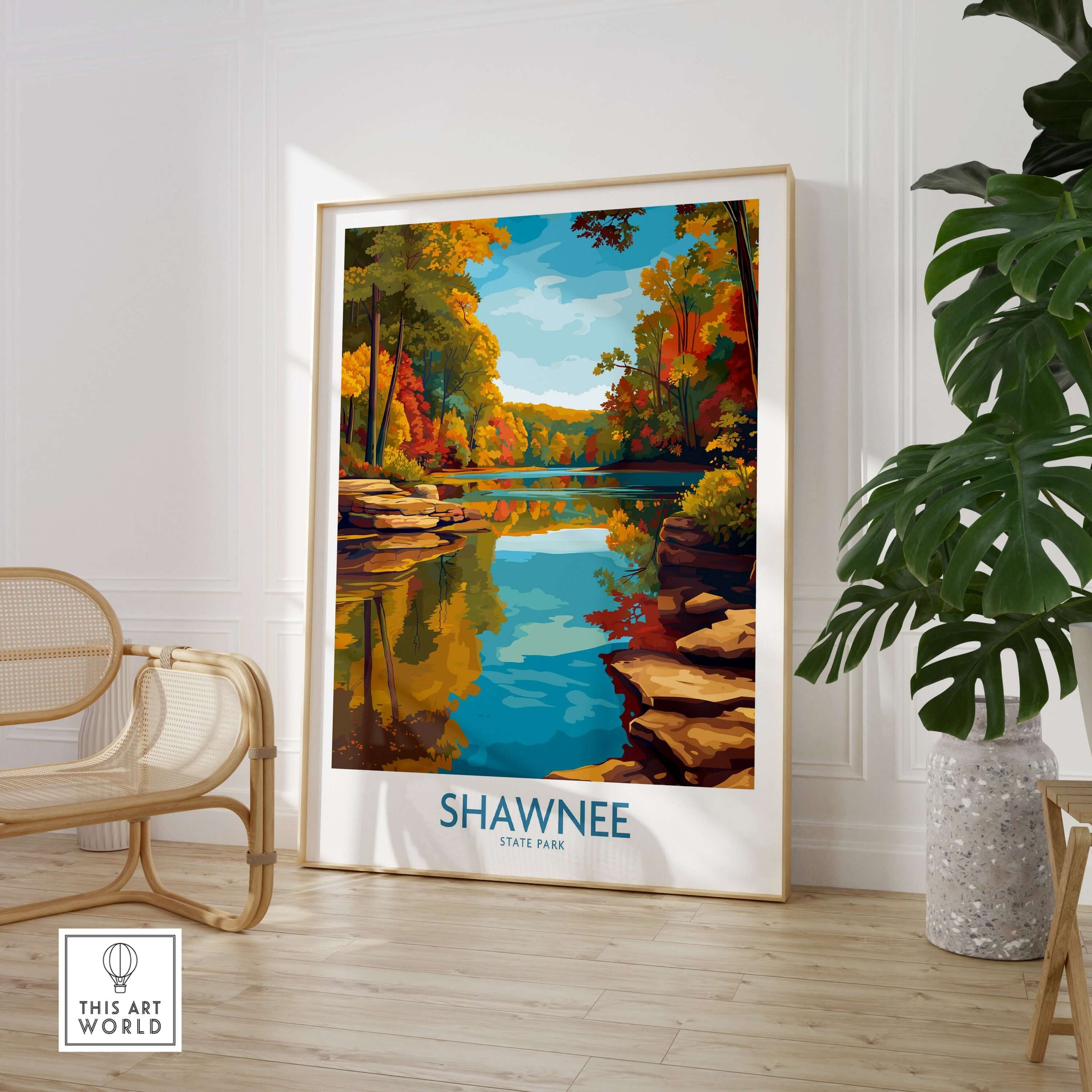 Shawnee State Park Colorful Trees Landscape Poster - Ohio Nature Travel Decor showcasing vibrant foliage and serene water.