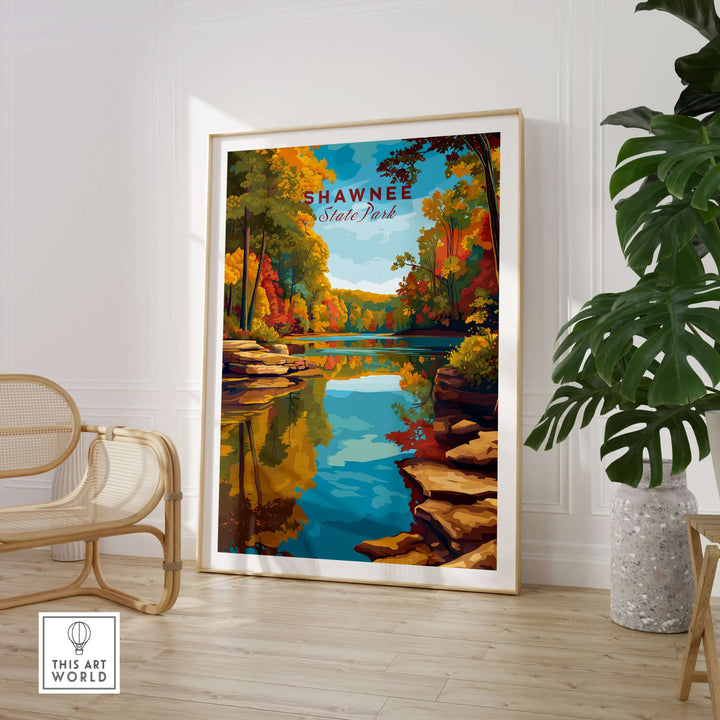 Shawnee State Park Ohio autumn print showcasing vibrant fall colors reflecting in serene lake water.