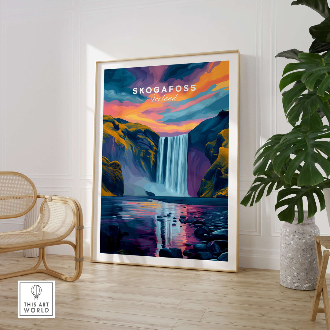 Skógafoss Wall Art Icland Poster featuring a vibrant waterfall and colorful sky decor for nature lovers.