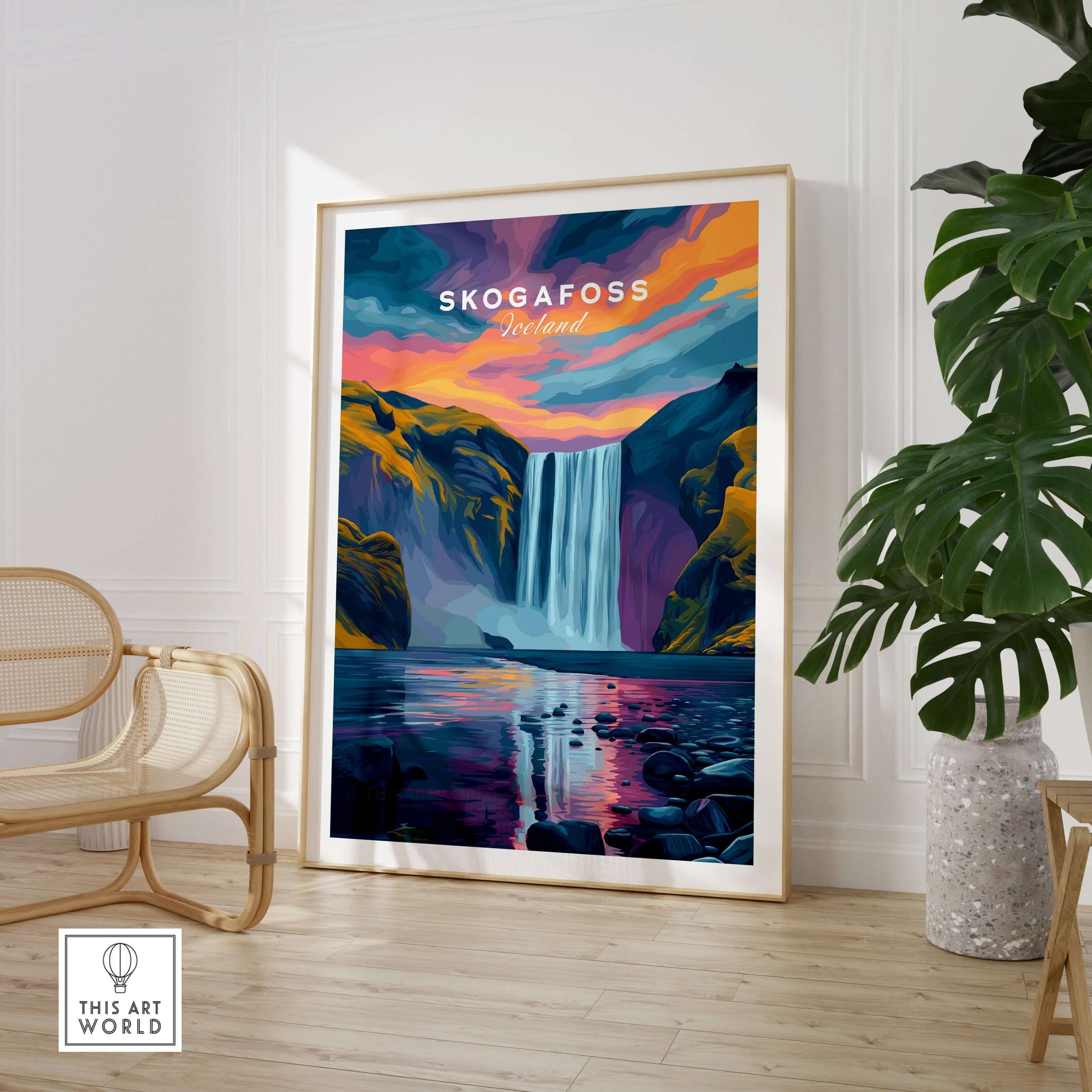 Skógafoss Wall Art Icland Poster showcasing the beautiful waterfall in a colorful landscape.