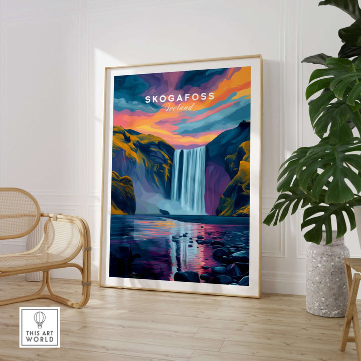 Skógafoss Wall Art Icland Poster featuring a vibrant waterfall and colorful sky decor for nature lovers.