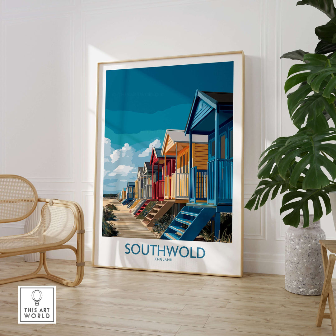 Vibrant Southwold seaside poster featuring colorful beach huts, perfect for seaside decor.