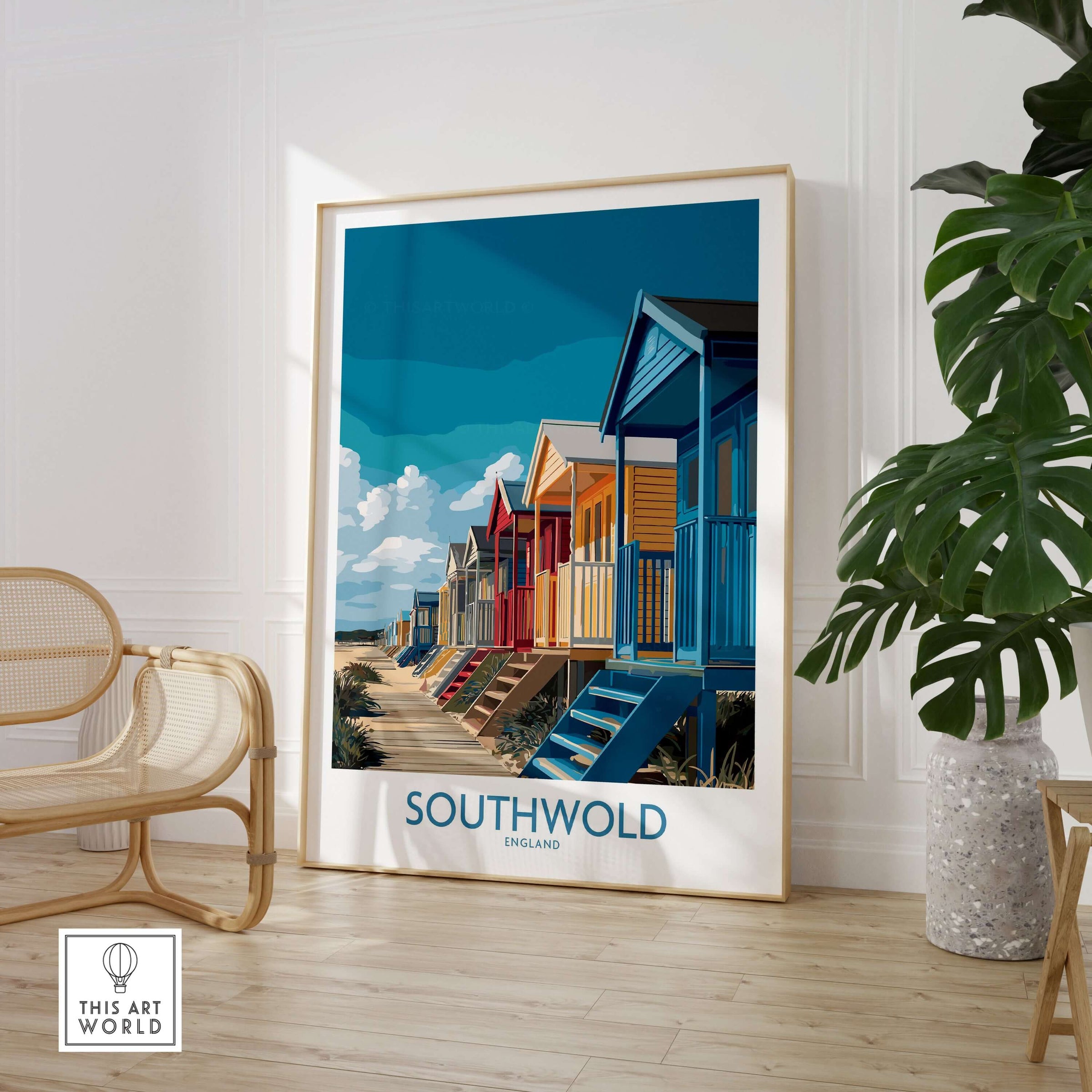 Southwold England English Seaside Poster - Vibrant Beach Scene Decor in a stylish home setting with beach huts.