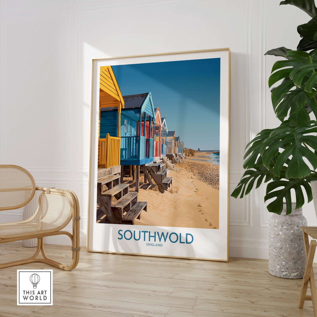 Southwold England travel poster featuring colorful beach huts along the coastline, perfect for coastal escape decor.