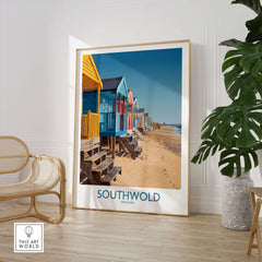 Southwold England Travel Poster featuring colorful beach huts along the picturesque coastline of Southwold, England.