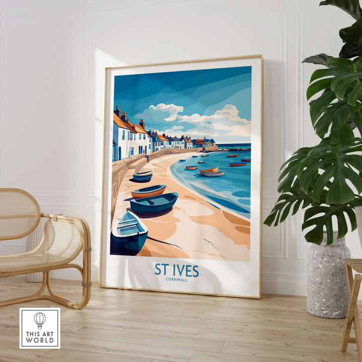 St Ives Cornish harbor wall art showcasing colorful boats and coastal scenery, perfect for home decor.