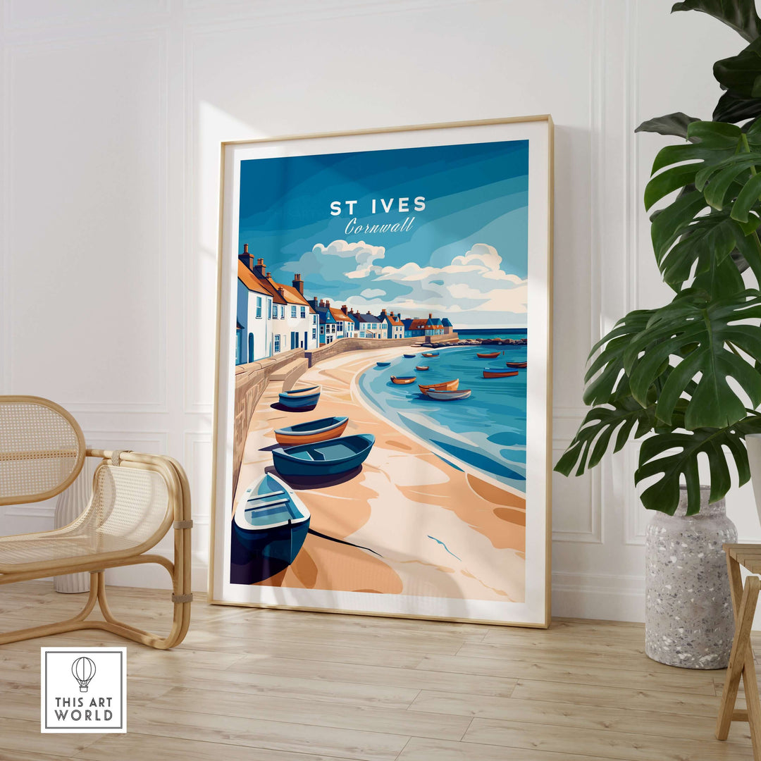 St Ives Beach Boats Seascape Poster showcasing Cornwall's coastline with charming boats and picturesque village.