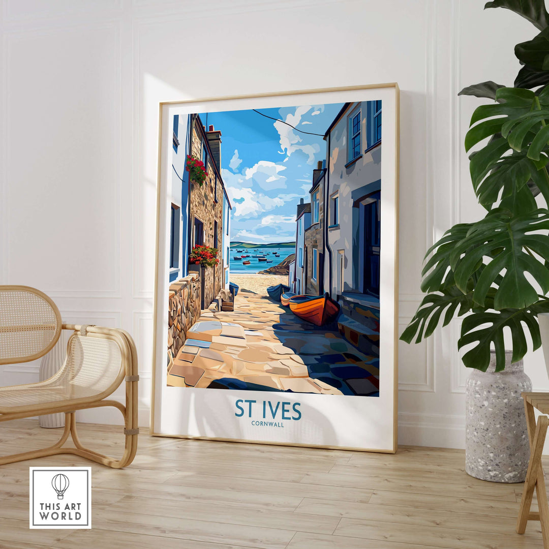 St Ives Cornwall wall art featuring harbor boats and cobblestone streets in a cozy seaside village setting.