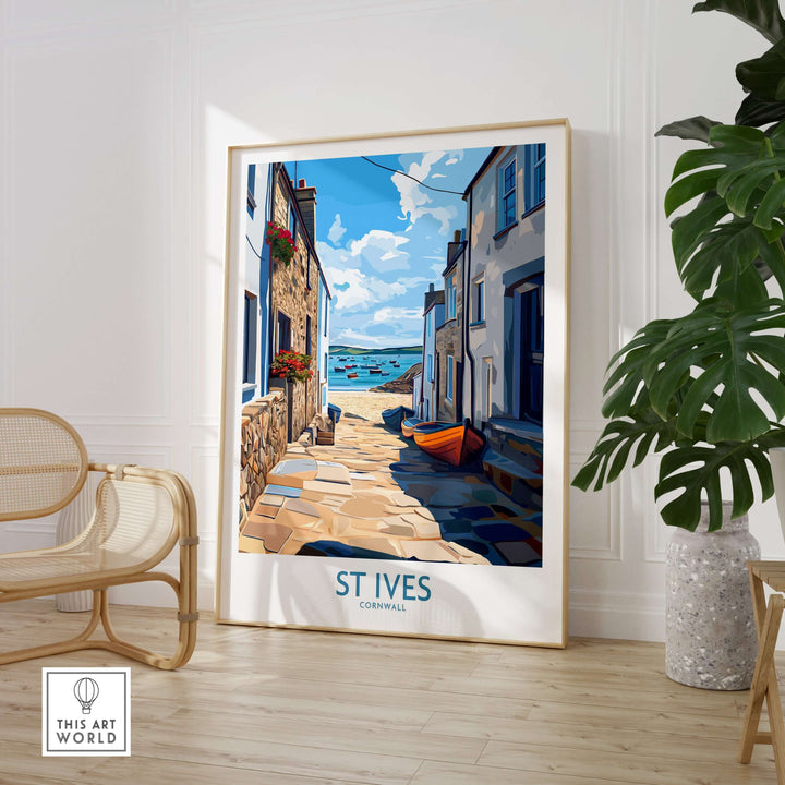 St Ives Cornwall wall art featuring harbor boats and cobblestone streets in a cozy seaside village setting.