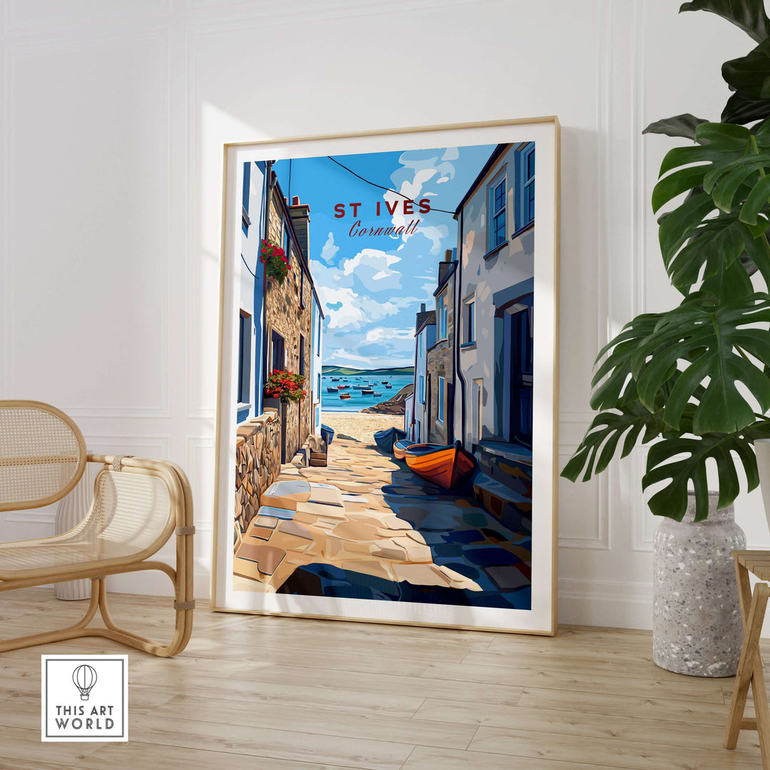 St Ives Cornwall alleyway beach view print displayed in a stylish interior, showcasing a coastal path and vibrant sea.