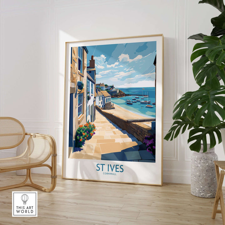 St Ives Cornwall coastal alleyway wall art, featuring colorful houses and a serene seaside view.