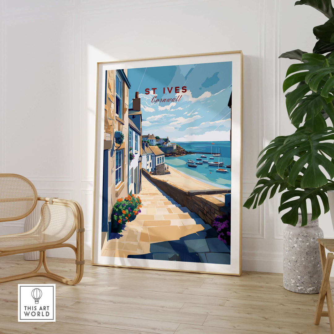 St Ives Cornwall stone steps beach poster showcasing seaside village decor in a bright, colorful print.