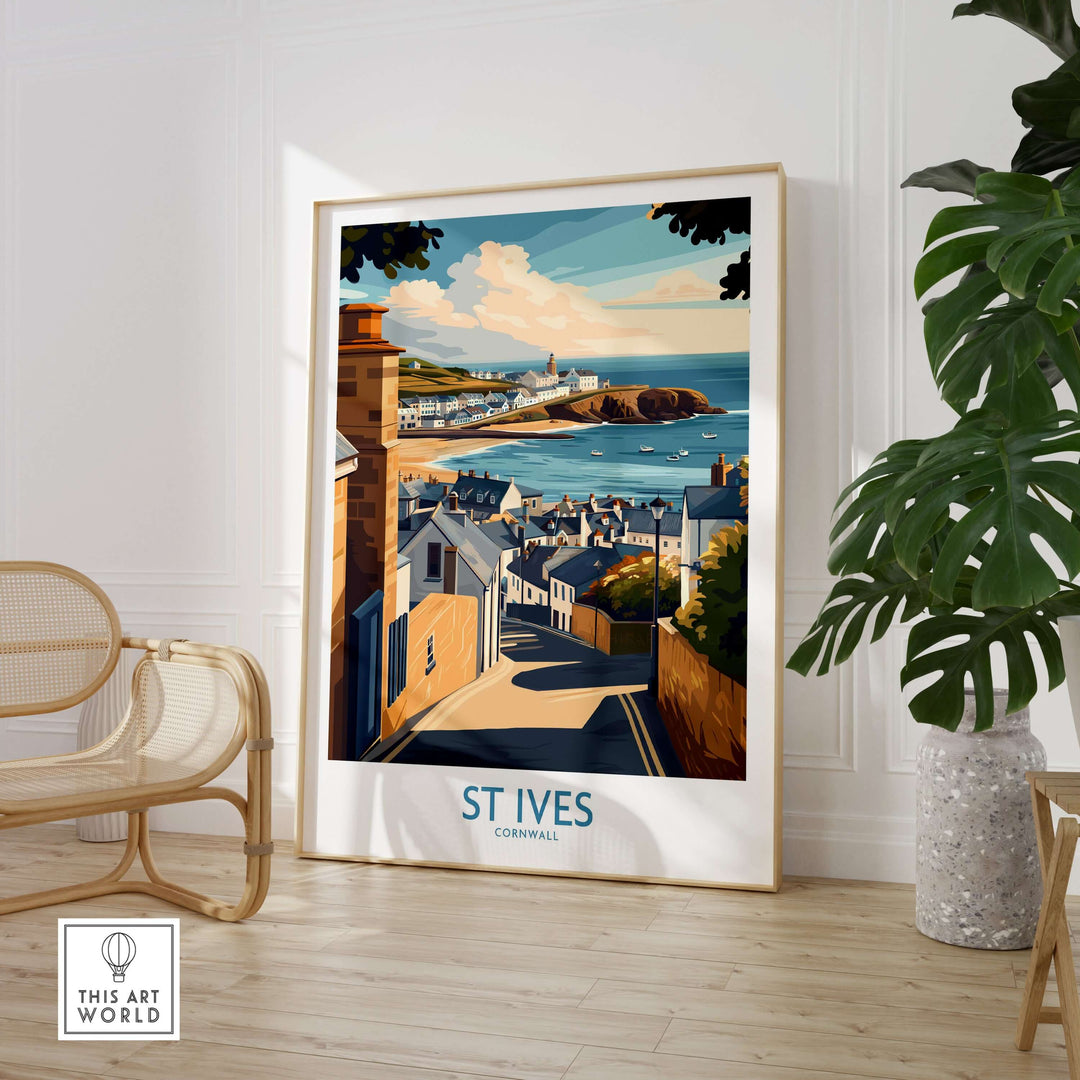 St Ives Cornwall seaside street poster featuring coastal village landscape decor in bright colors.
